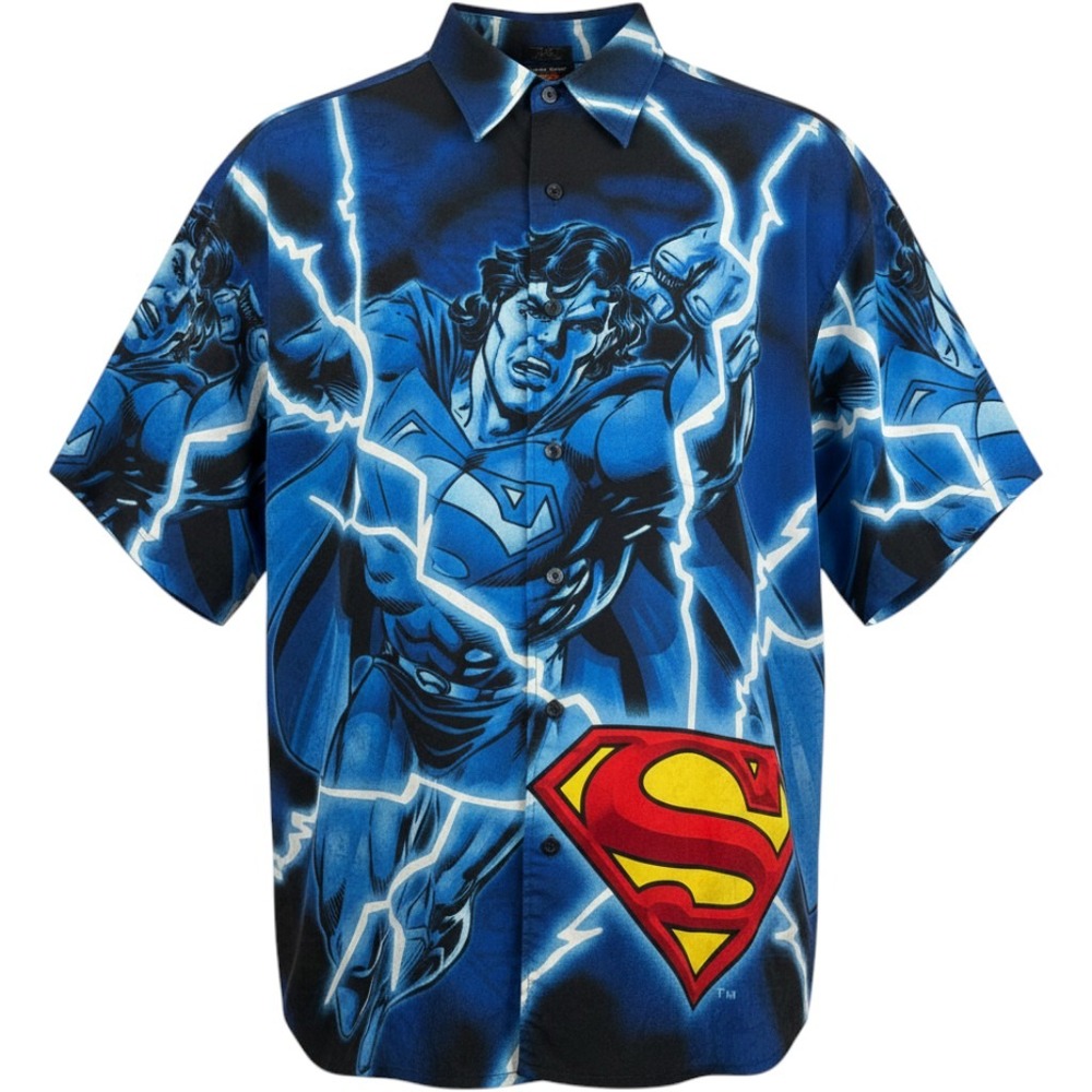 Warner Bros Superman Shirt Mens XL Y2K 2001 All Over Print Button Front